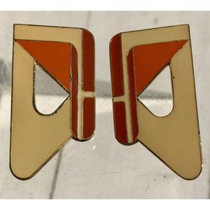 Vtg 80s Signed A & E Gold Tone Enamel Earrings Geo Orange Red White MCM Retro